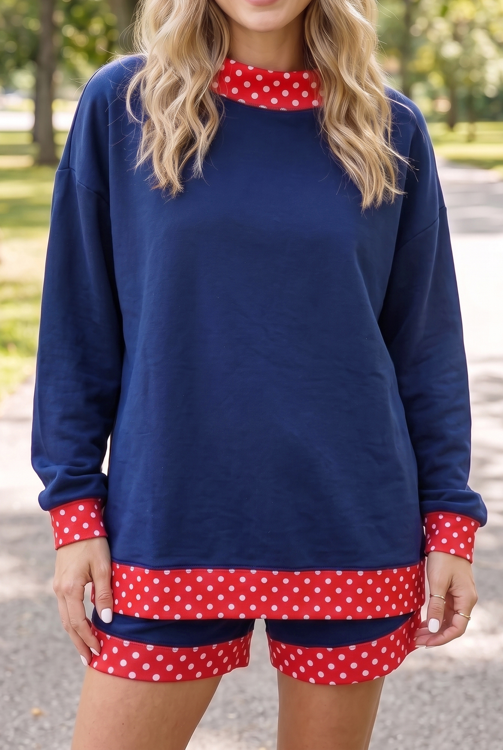Baggy Cotton Blend Short Set, Women's Navy Mock Neck Suit - Detail View 3 Baggy Cotton Blend Short Set, Women's Navy Mock Neck Suit - Detail View 3