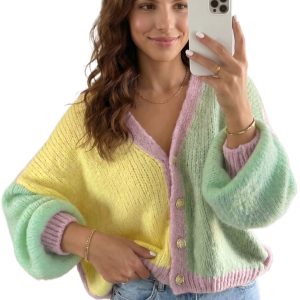 Women's Colorblock Cardigan, Pastel V Neck Knit Sweater - Main View