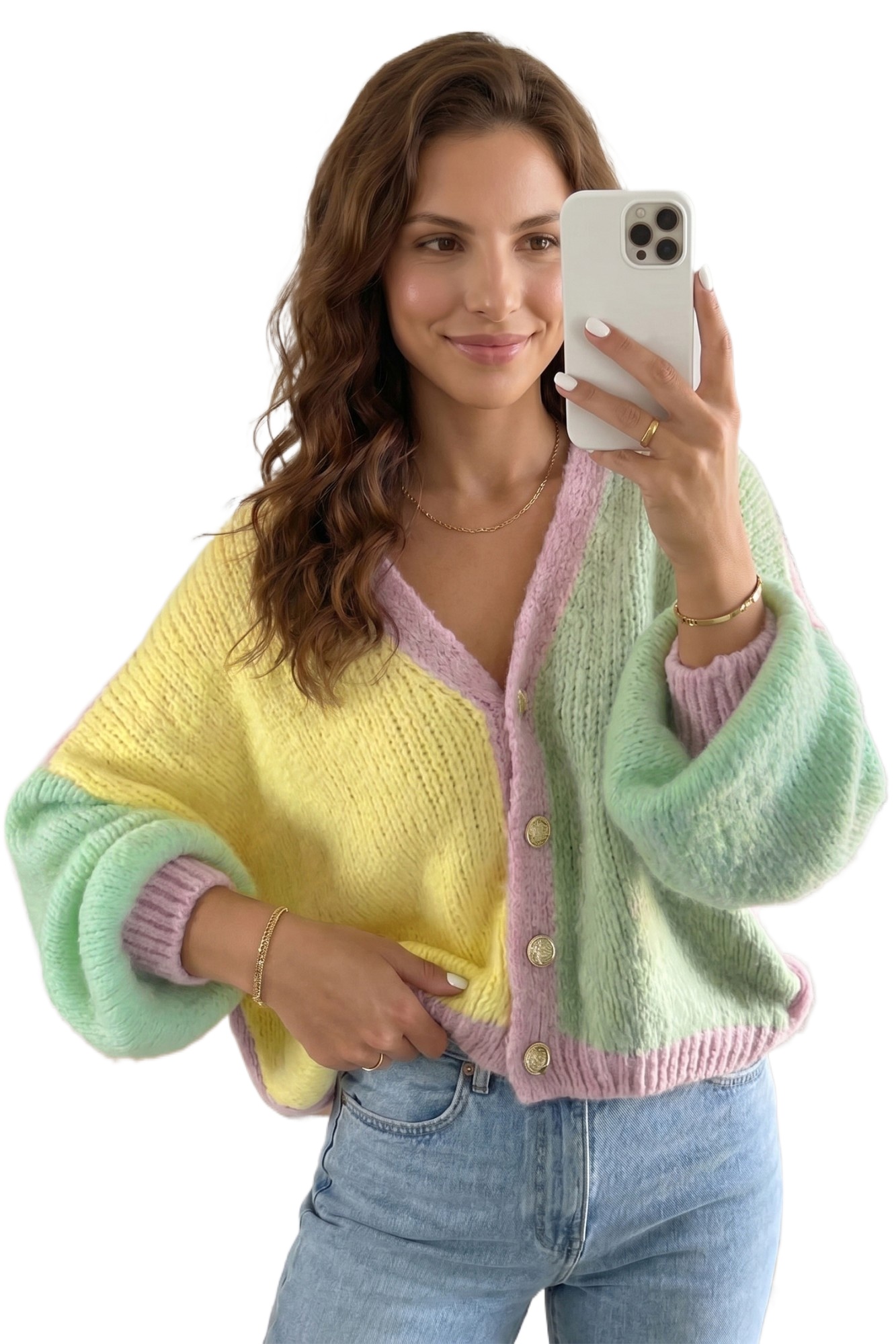 Women's Colorblock Cardigan, Pastel V Neck Knit Sweater - Main View Women's Colorblock Cardigan, Pastel V Neck Knit Sweater - Main View