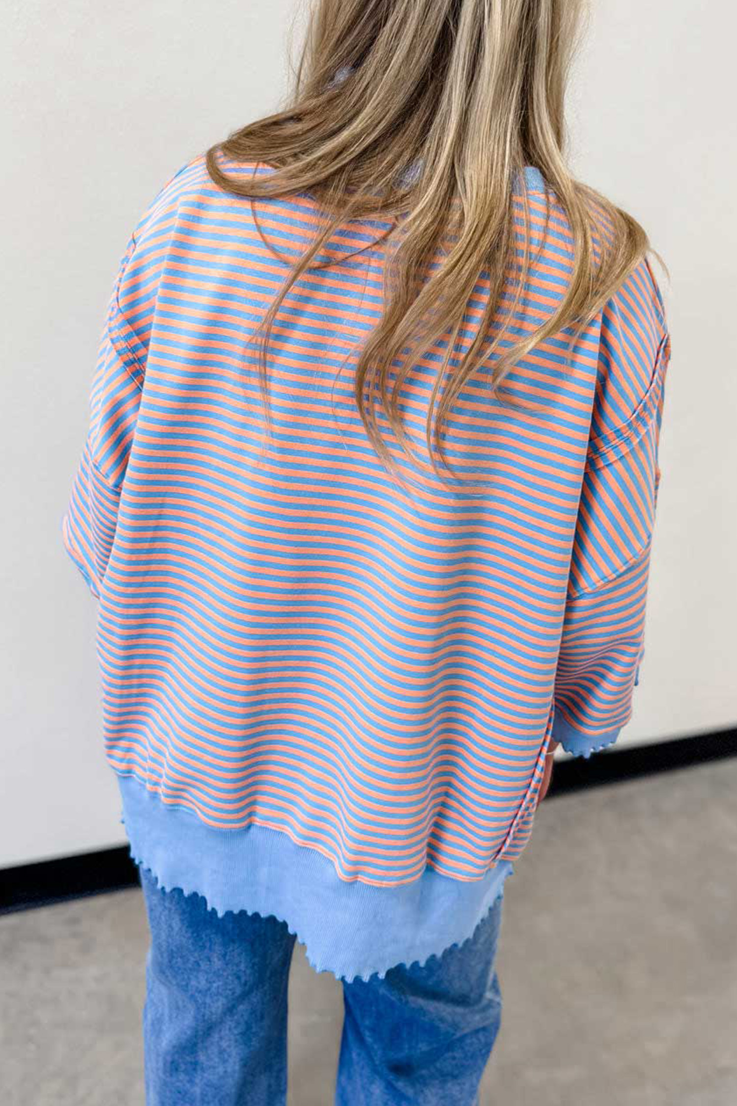 Women's Cotton Blend Stripe Top, Cozy Loose Fit Tee - Detail View 3 Women's Cotton Blend Stripe Top, Cozy Loose Fit Tee - Detail View 3