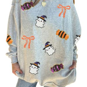 Women's Halloween Ghost Sweatshirt, Sequin Graphic Pullover - Main View