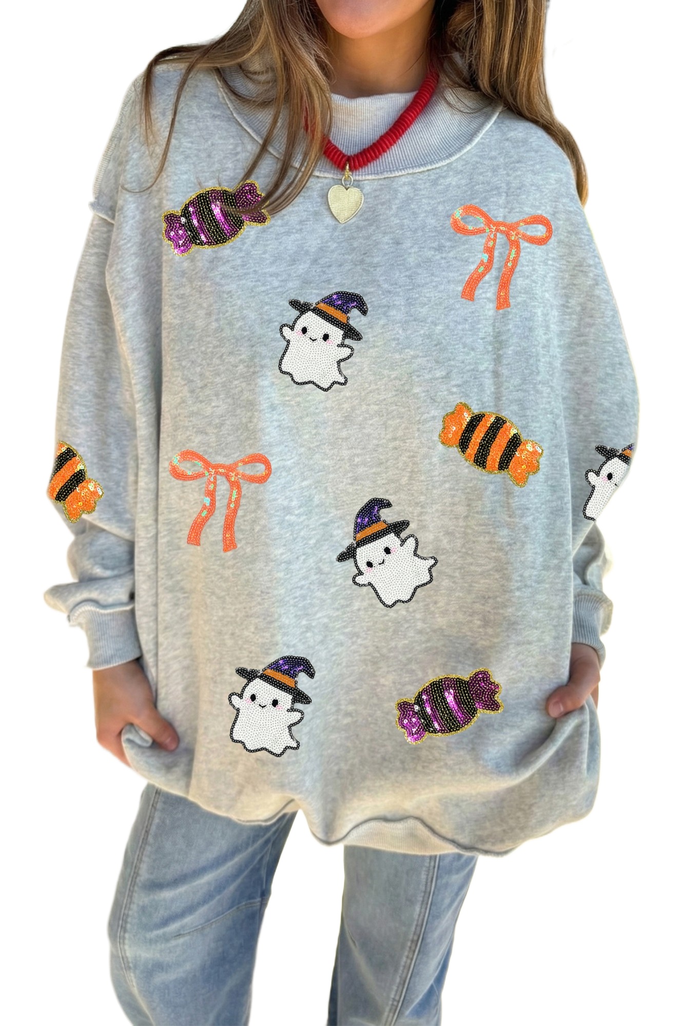 Women's Halloween Ghost Sweatshirt, Sequin Graphic Pullover - Main View Women's Halloween Ghost Sweatshirt, Sequin Graphic Pullover - Main View