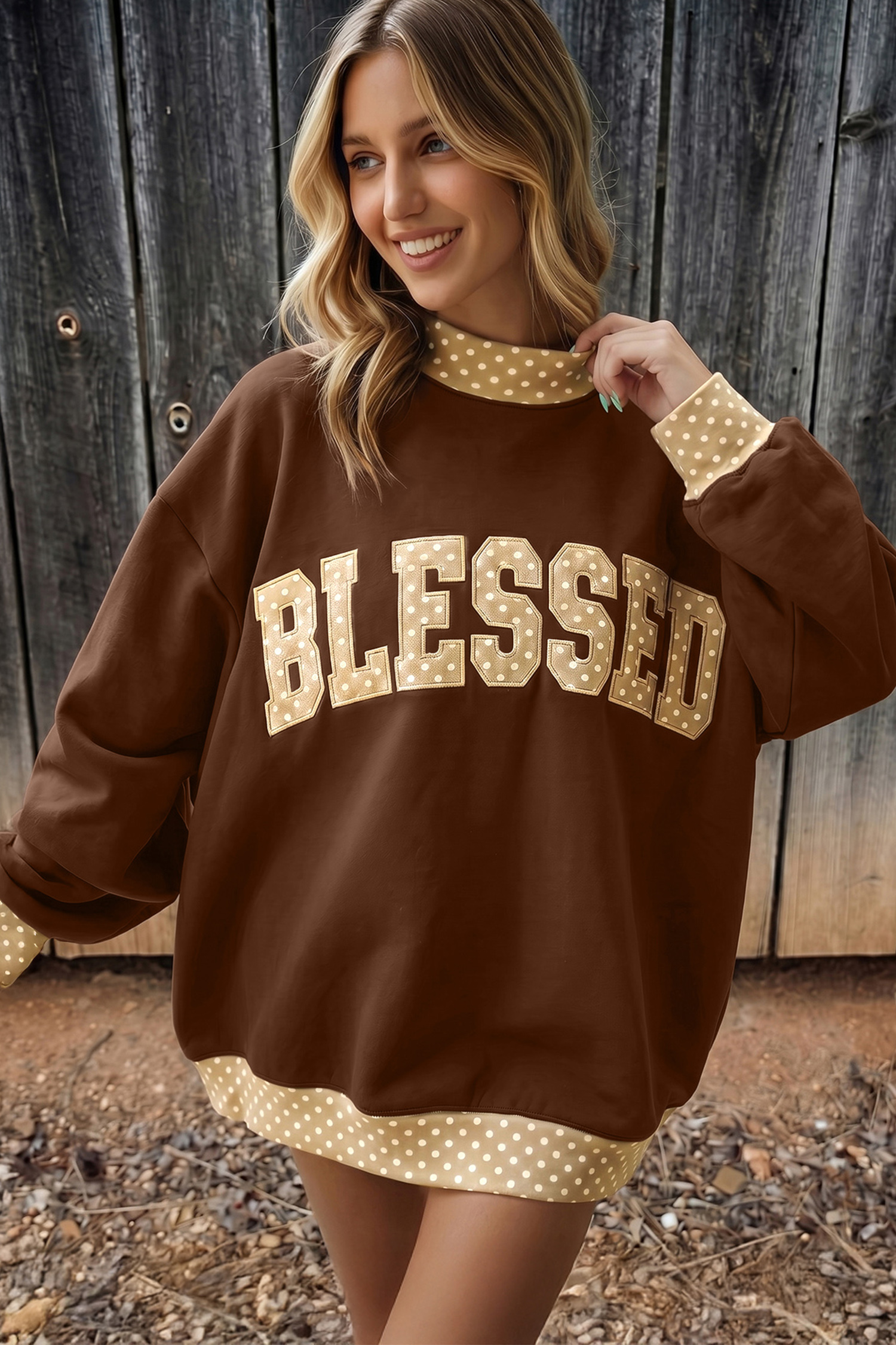 Oversized Blessed Letter Sweatshirt, Mock Neck Casual Top - Detail View 2 Oversized Blessed Letter Sweatshirt, Mock Neck Casual Top - Detail View 2