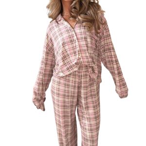 Women's Plaid Lounge Set, Casual Long Sleeve Sleepwear - Main View