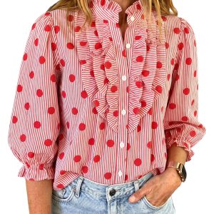 Women's Red Polka Dot Ruffle Shirt, Casual Daily Blouse - Main View