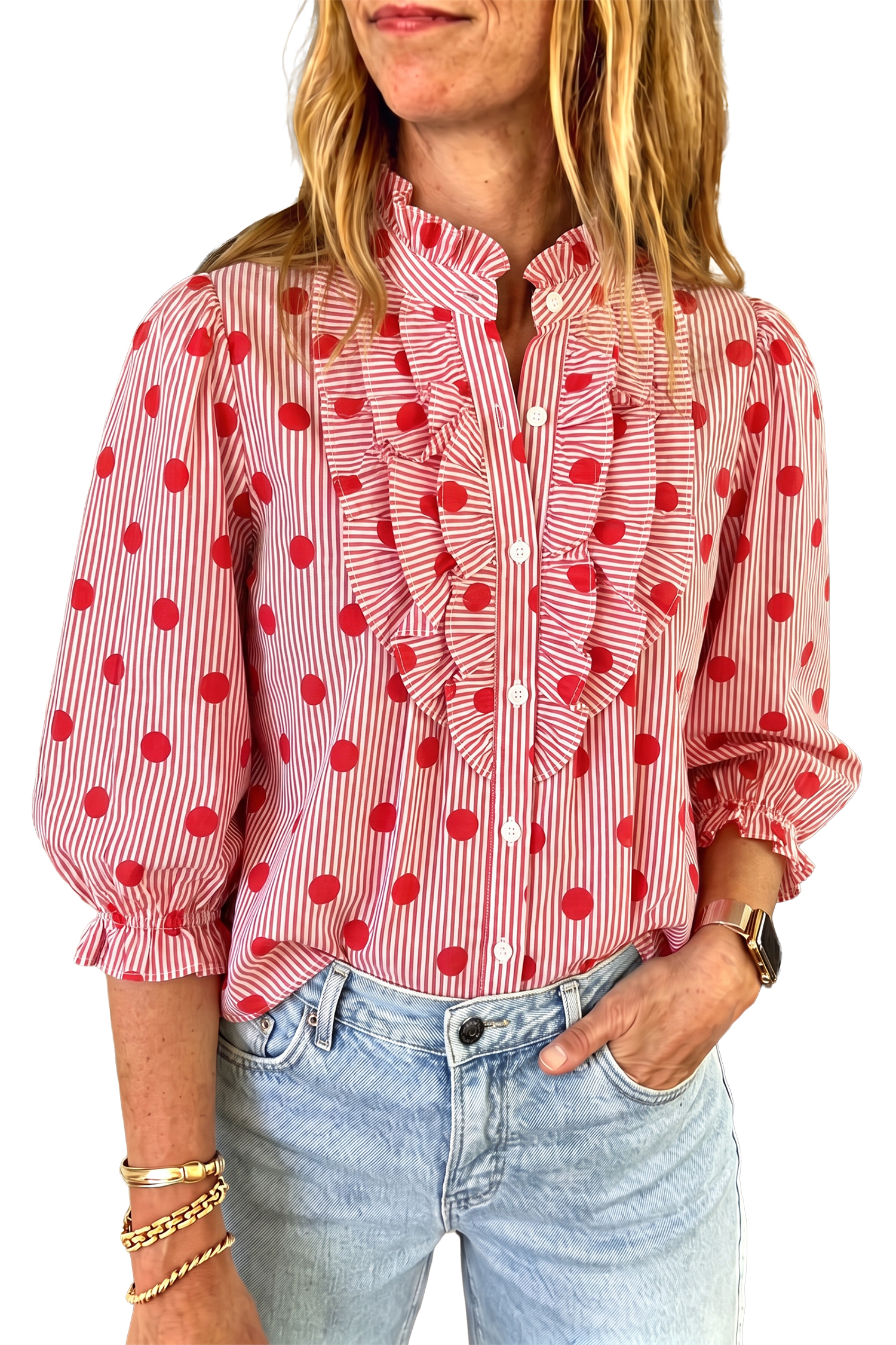 Women's Red Polka Dot Ruffle Shirt, Casual Daily Blouse - Main View Women's Red Polka Dot Ruffle Shirt, Casual Daily Blouse - Main View