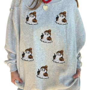 Women's Halloween Ghost Sweatshirt, Sequin Mock Neck Top - Main View