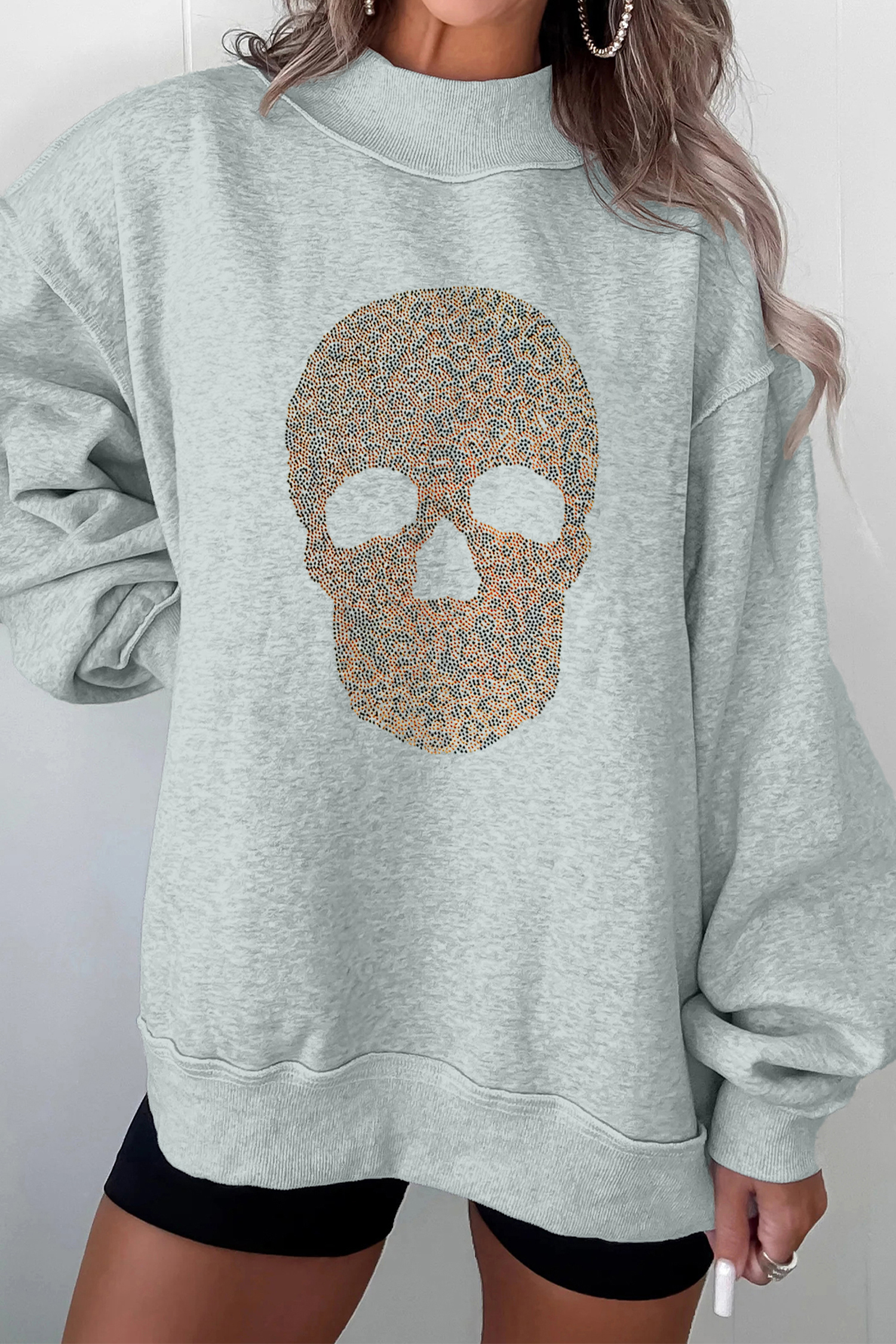 Women's Rhinestone Skull Sweatshirt, Halloween Graphic - Detail View 8 Women's Rhinestone Skull Sweatshirt, Halloween Graphic - Detail View 8