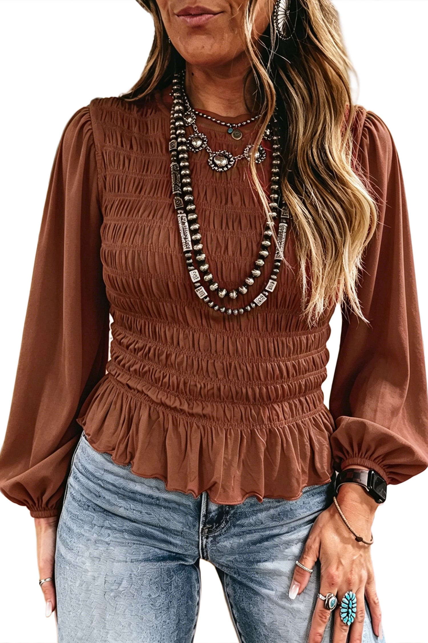 Women's Western Smocked Blouse, Ruffle Hem Shirt - Detail View 2 Women's Western Smocked Blouse, Ruffle Hem Shirt - Detail View 2