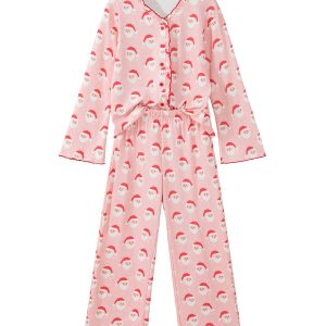 Womens Pink Santa Pajama Set, Button Long Sleeve Pant - Main View