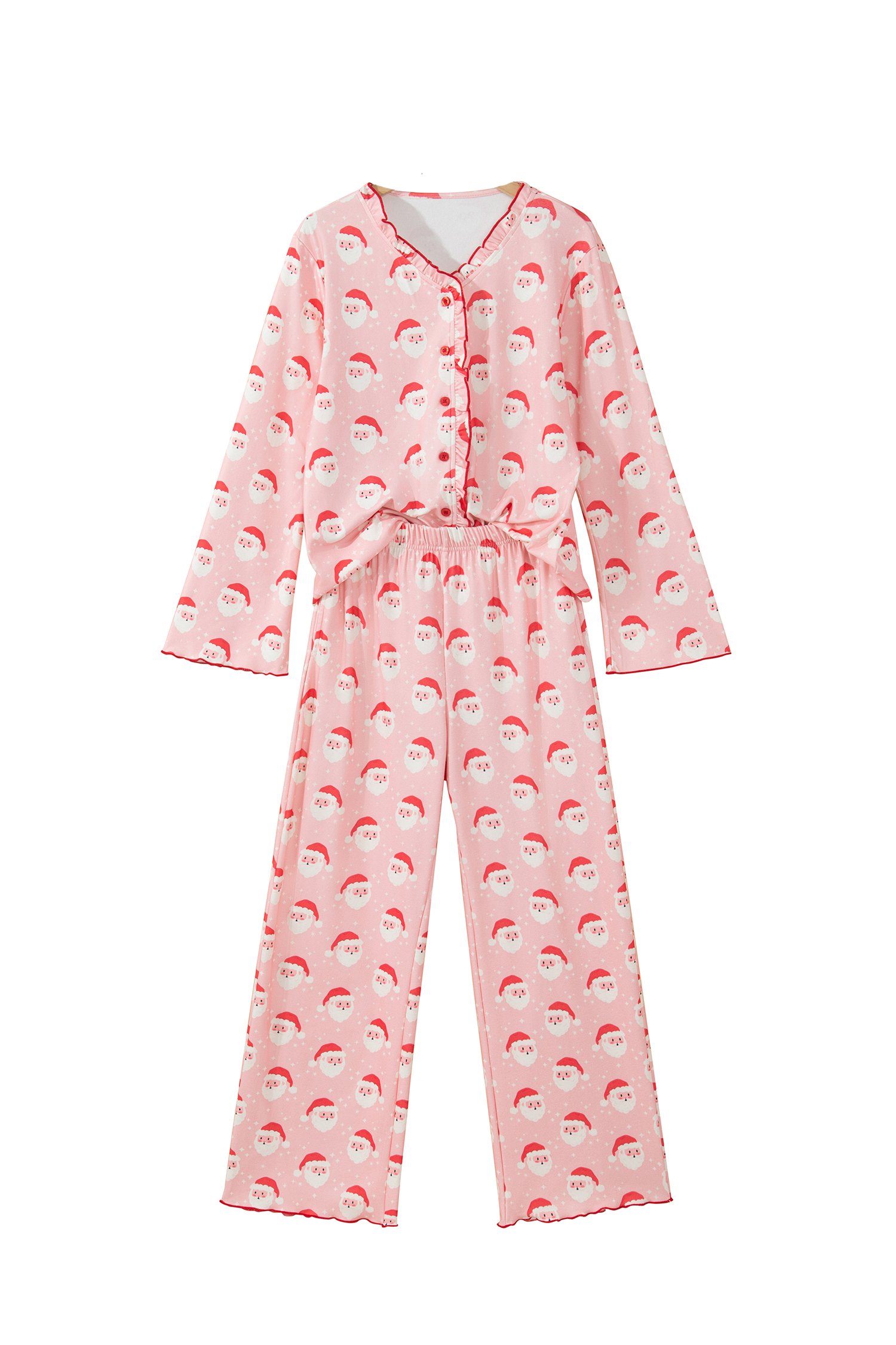 Womens Pink Santa Pajama Set, Button Long Sleeve Pant - Main View Womens Pink Santa Pajama Set, Button Long Sleeve Pant - Main View