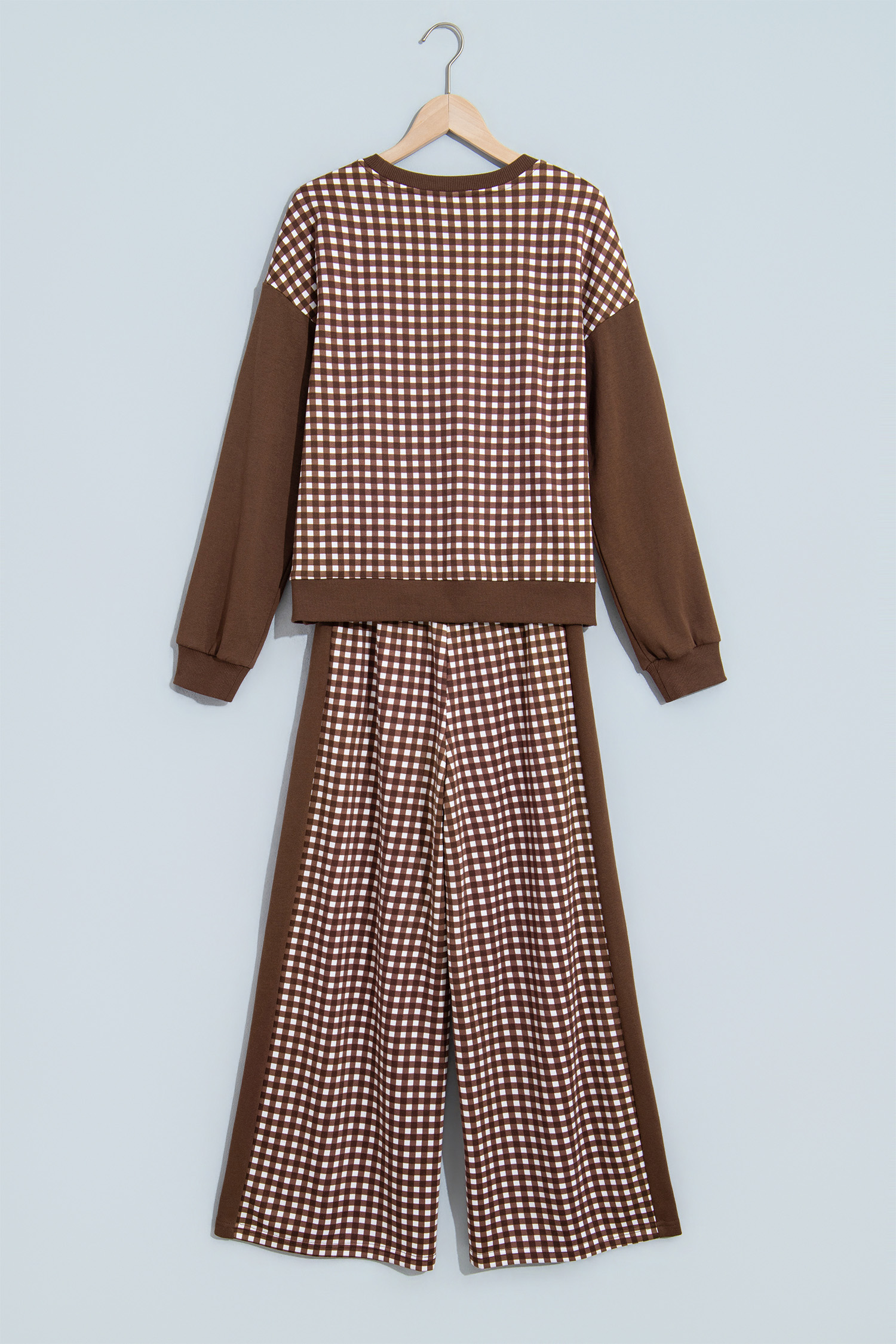 Brown Color Block Lounge Set, Gingham Print Women's Wear - Detail View 5 Brown Color Block Lounge Set, Gingham Print Women's Wear - Detail View 5