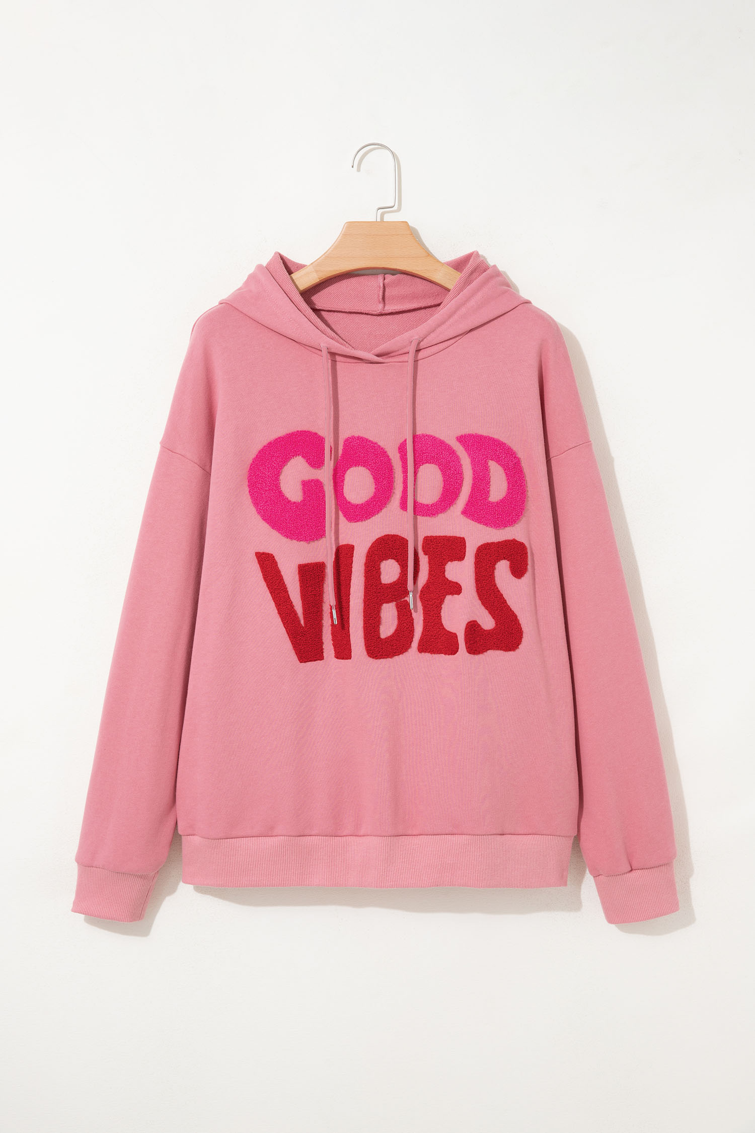 Women's Graphic Hoodie, Chenille Letter Good Vibes Top - Detail View 5 Women's Graphic Hoodie, Chenille Letter Good Vibes Top - Detail View 5