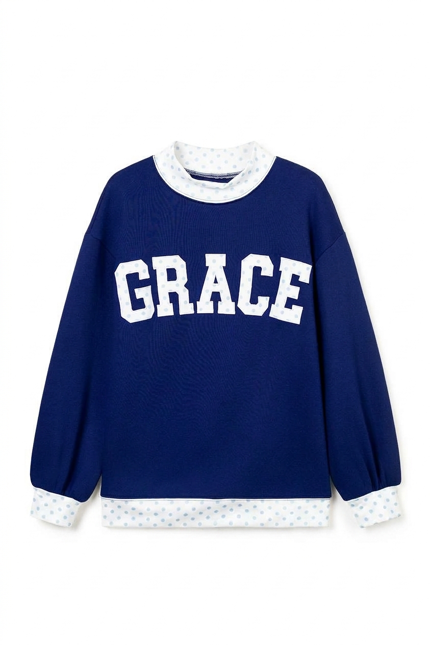 Women's Baggy GRACE Letter Sweatshirt, Casual Mock Neck - Main View Women's Baggy GRACE Letter Sweatshirt, Casual Mock Neck - Main View