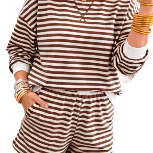 Women's Striped Shorts Set, Casual Long Sleeve Pullover - Main View
