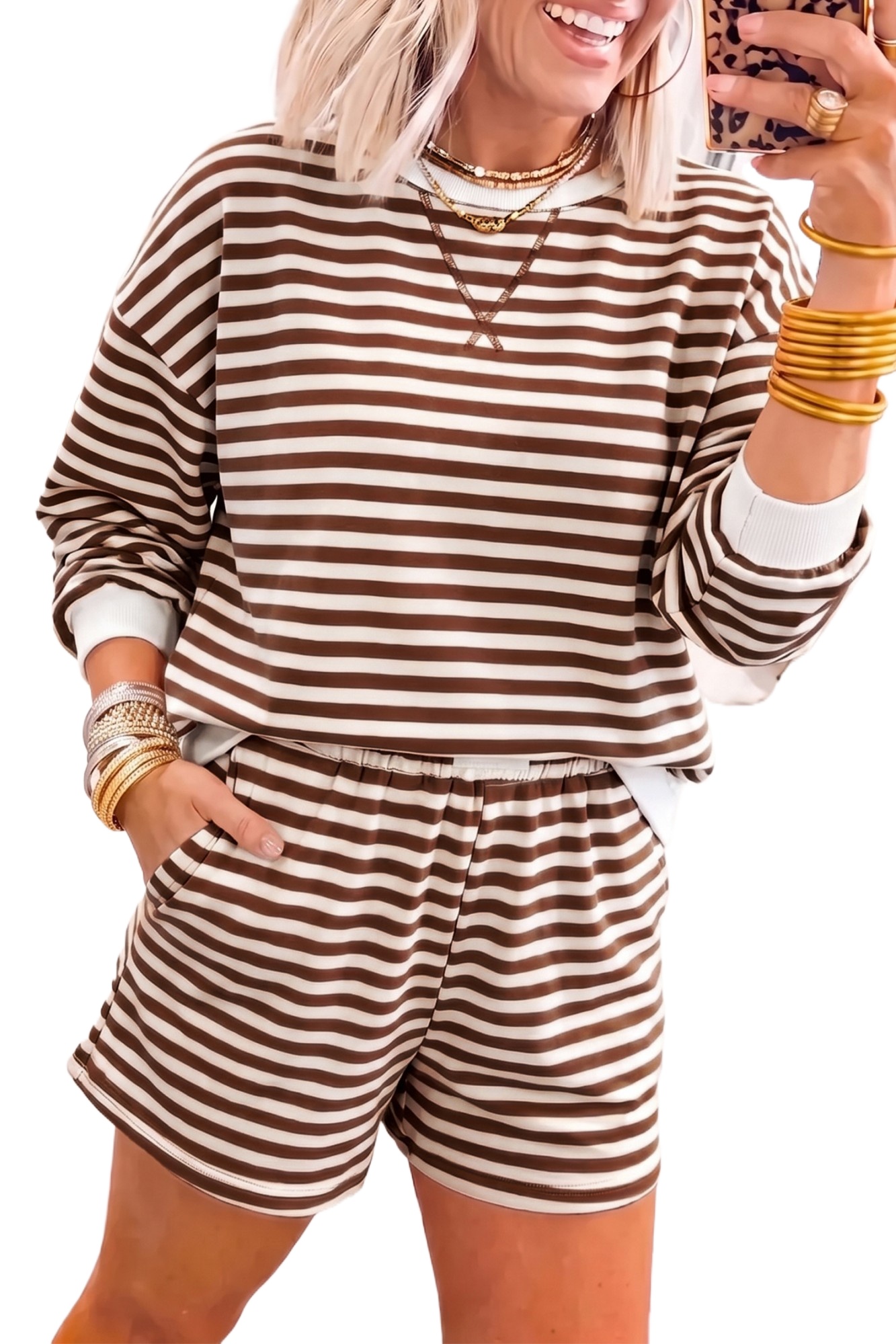 Women's Striped Shorts Set, Casual Long Sleeve Pullover - Main View Women's Striped Shorts Set, Casual Long Sleeve Pullover - Main View