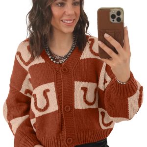 Brown Horseshoe Plaid Cardigan, Women's Western V Neck Knit - Main View