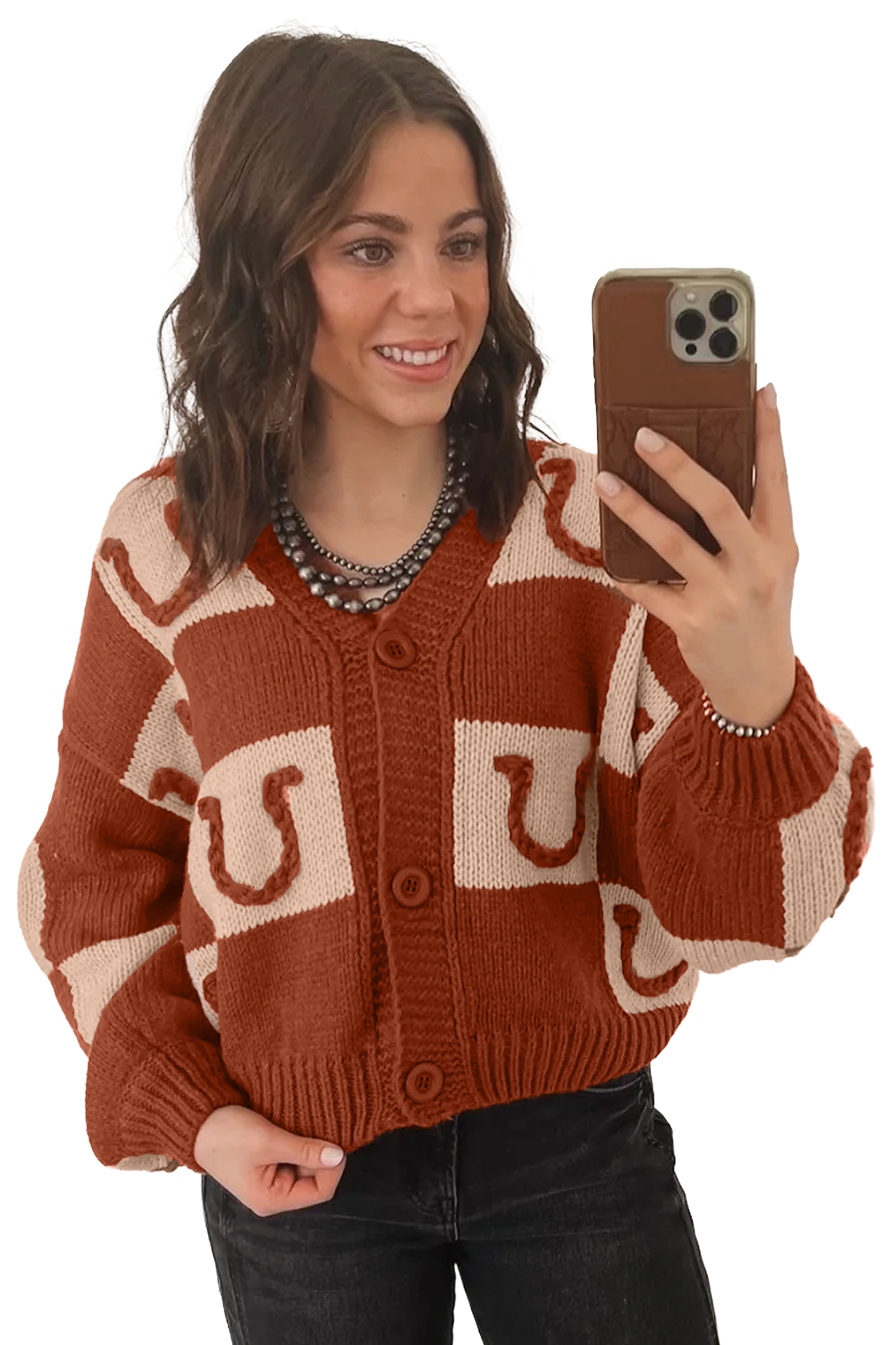 Brown Horseshoe Plaid Cardigan, Women's Western V Neck Knit - Main View Brown Horseshoe Plaid Cardigan, Women's Western V Neck Knit - Main View