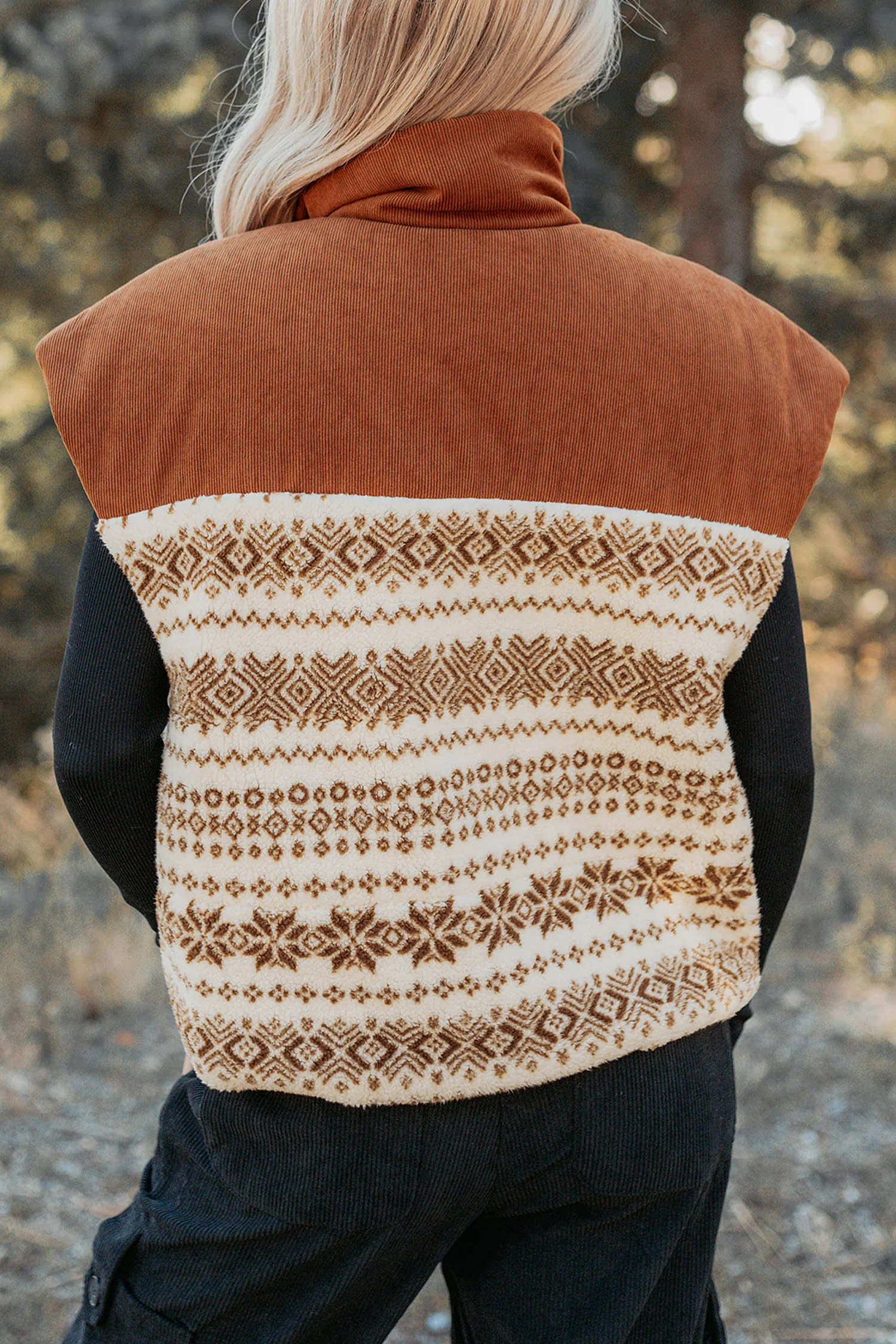 Western Geometric Print Vest, Brown Fleece Stand Neck Zip - Detail View 2 Western Geometric Print Vest, Brown Fleece Stand Neck Zip - Detail View 2