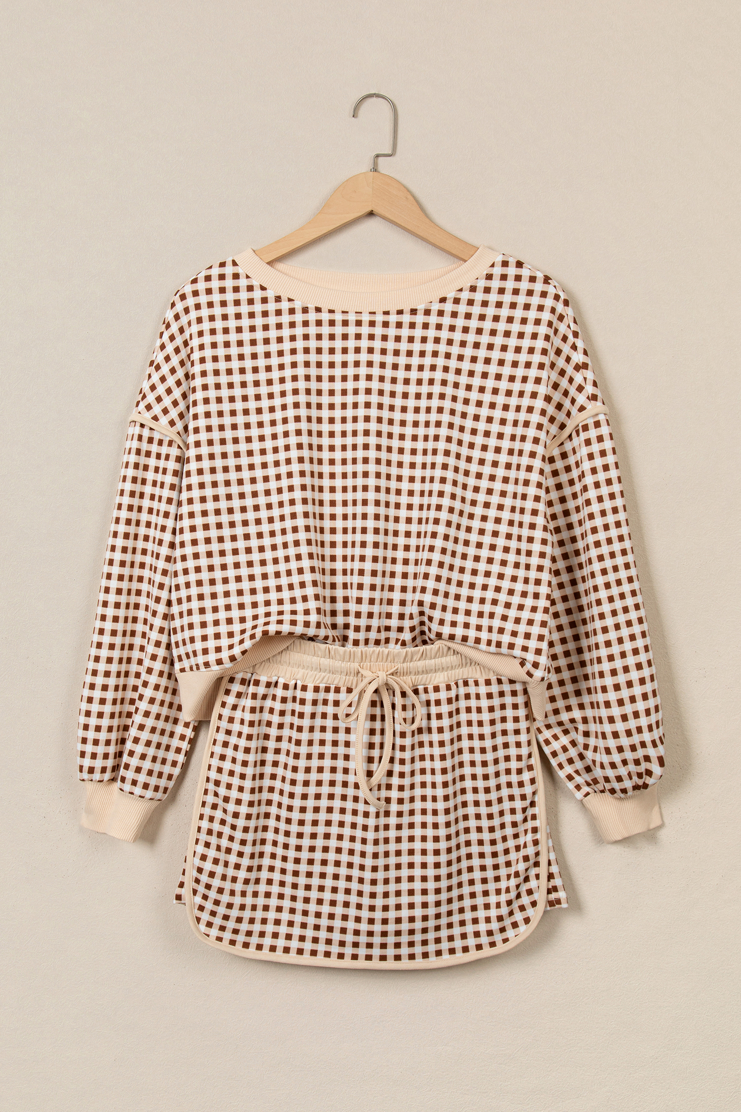 Women's Ribbed Trim Skort Set, Brown Plaid Autumn Loungewear - Detail View 3 Women's Ribbed Trim Skort Set, Brown Plaid Autumn Loungewear - Detail View 3