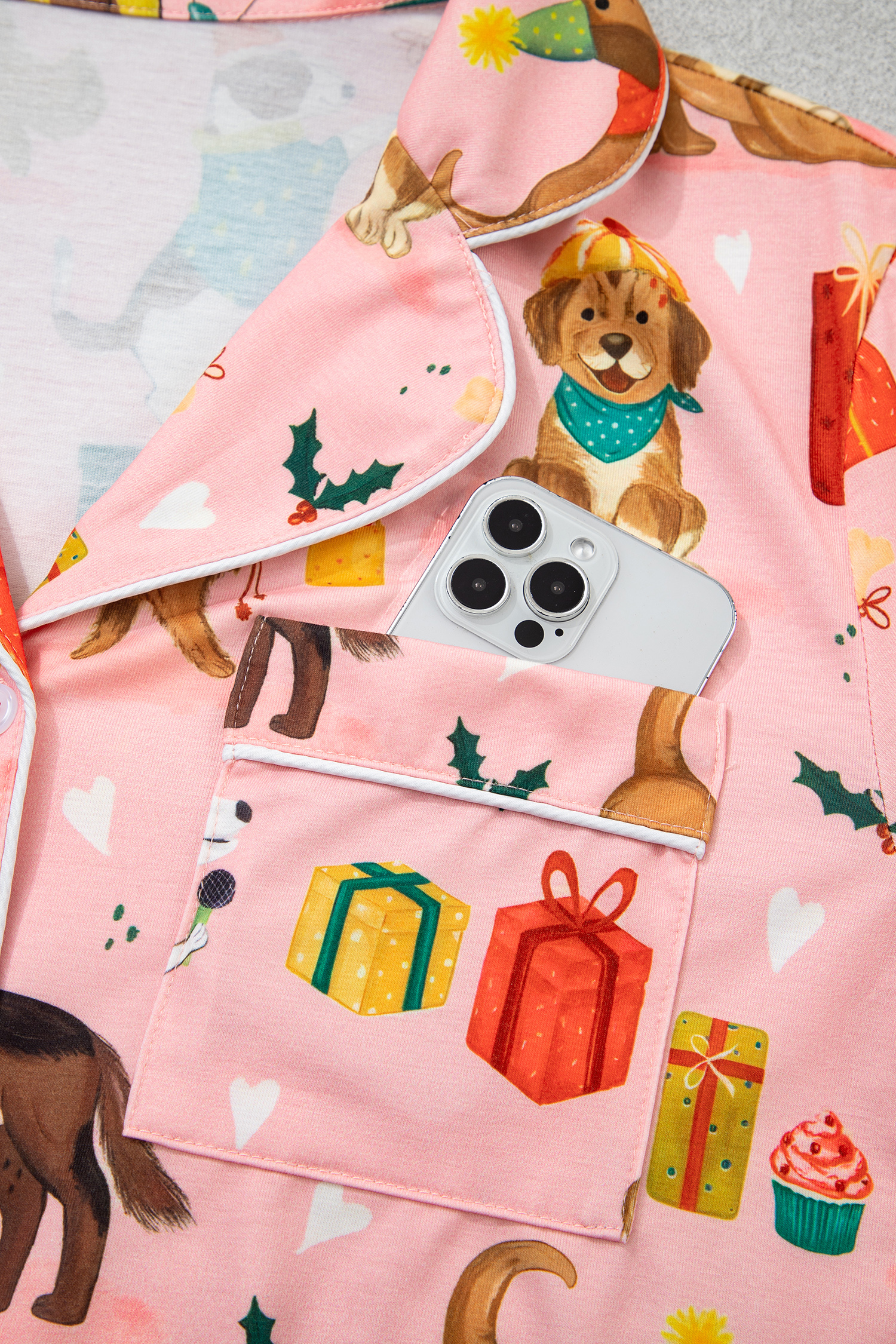 Women's Soft Stretch Lounge Set, Pink Christmas Dog Pajamas - Detail View 12 Women's Soft Stretch Lounge Set, Pink Christmas Dog Pajamas - Detail View 12