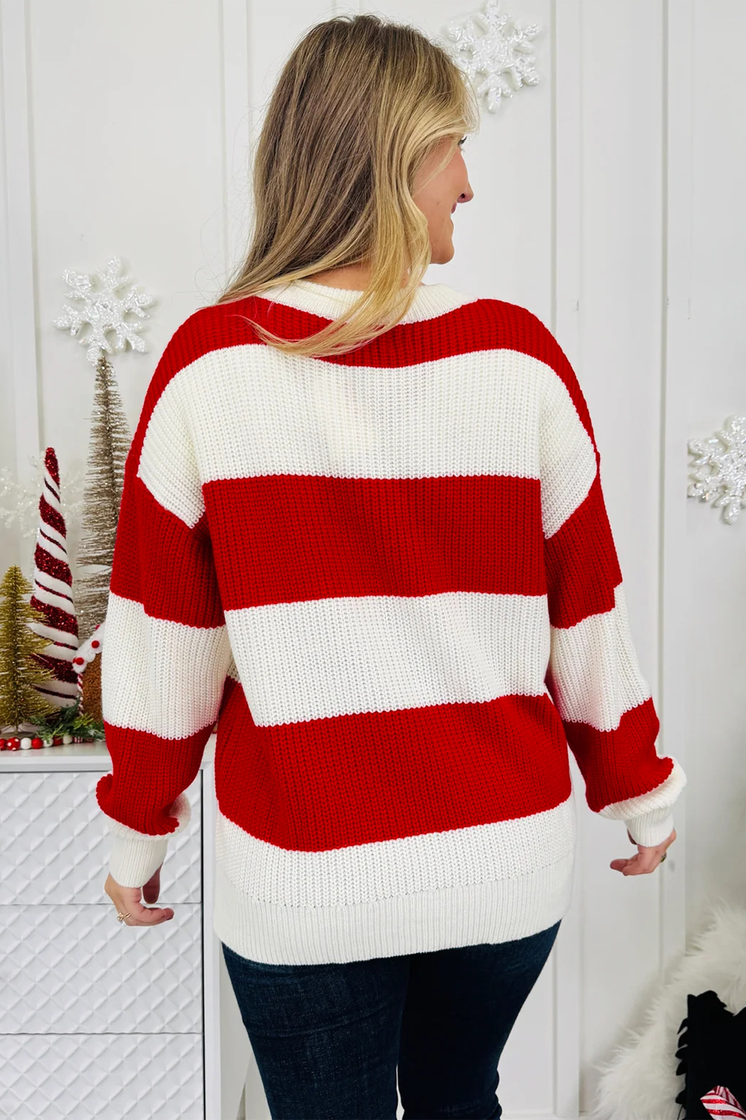 Casual Women's Striped Top, Merry Graphic Holiday Sweater - Detail View 2 Casual Women's Striped Top, Merry Graphic Holiday Sweater - Detail View 2