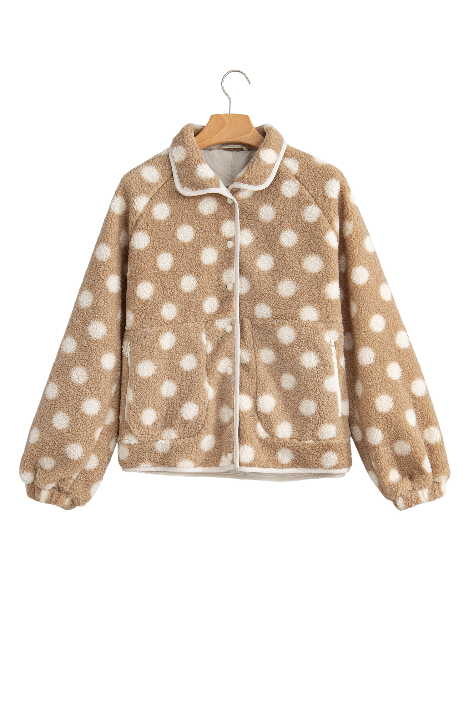 Women's Khaki Sherpa Button Jacket, Casual Polka Dot Coat - Detail View 6 Women's Khaki Sherpa Button Jacket, Casual Polka Dot Coat - Detail View 6