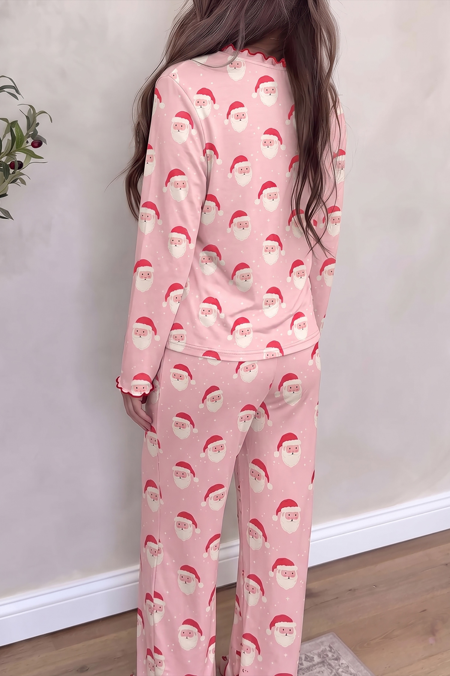 Womens Soft Festive Lounge Set, Pink Santa Print Pajamas - Detail View 3 Womens Soft Festive Lounge Set, Pink Santa Print Pajamas - Detail View 3