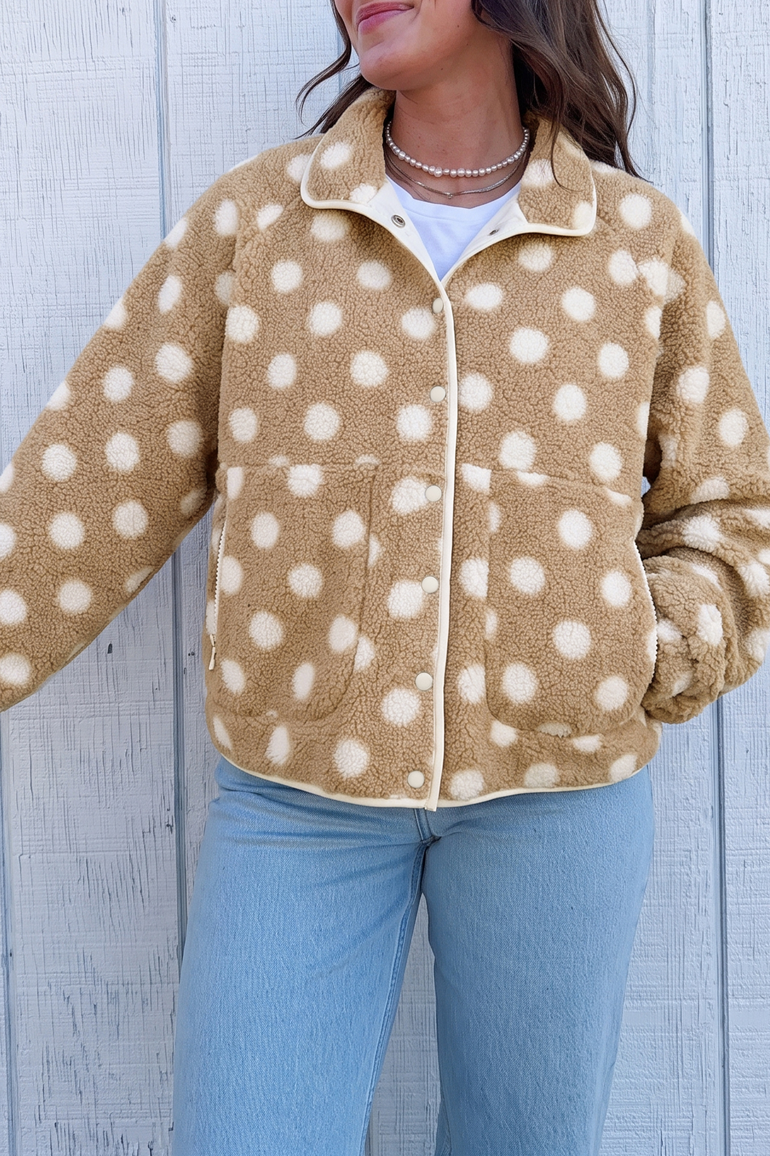 Women's Khaki Sherpa Button Jacket, Casual Polka Dot Coat - Detail View 3 Women's Khaki Sherpa Button Jacket, Casual Polka Dot Coat - Detail View 3