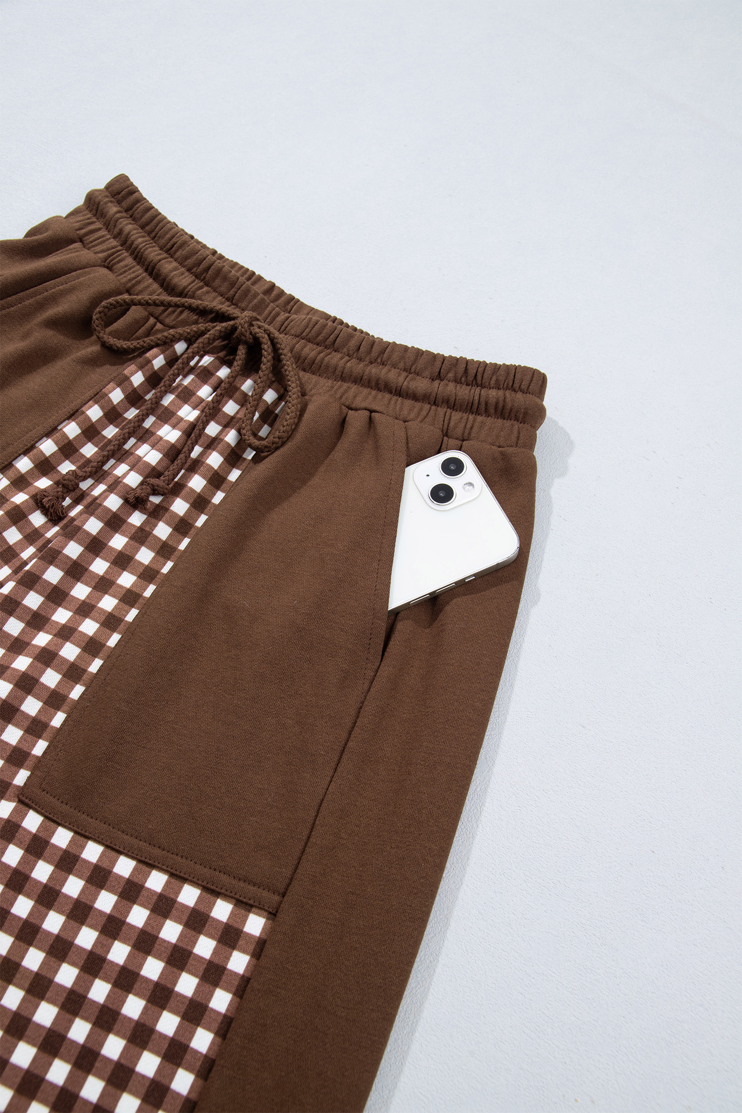 Brown Color Block Lounge Set, Gingham Print Women's Wear - Detail View 8 Brown Color Block Lounge Set, Gingham Print Women's Wear - Detail View 8