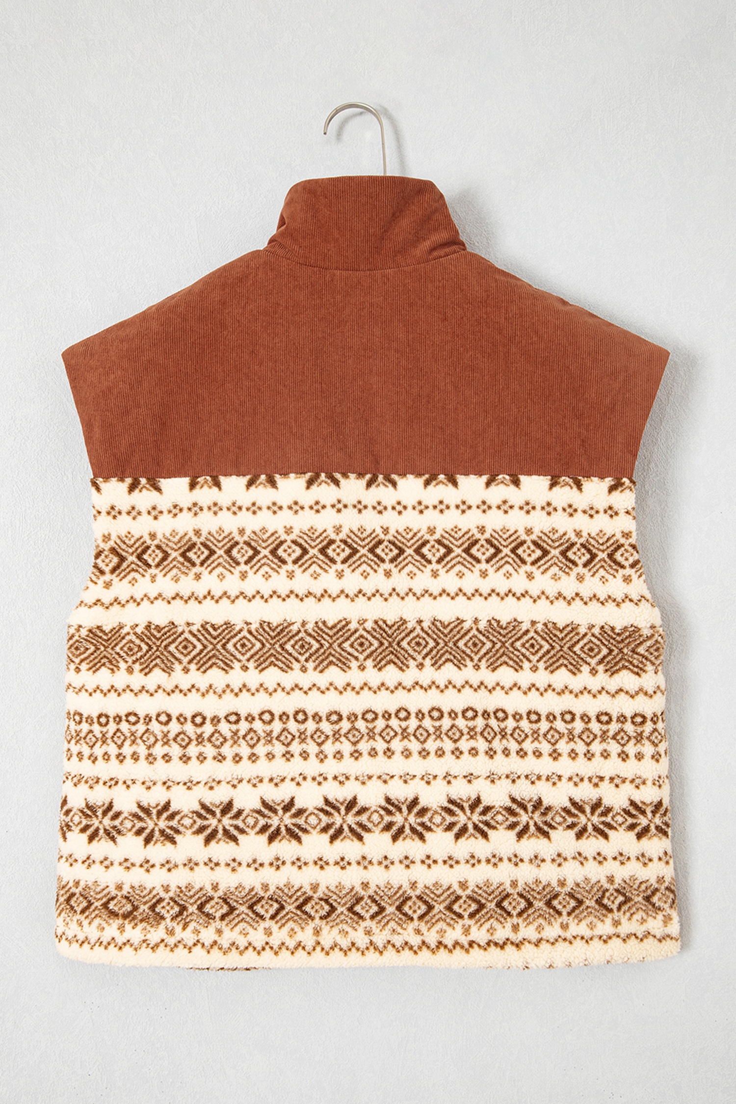 Warm Sherpa Patchwork Vest, Brown Autumn Sleeveless Jacket - Detail View 6 Warm Sherpa Patchwork Vest, Brown Autumn Sleeveless Jacket - Detail View 6