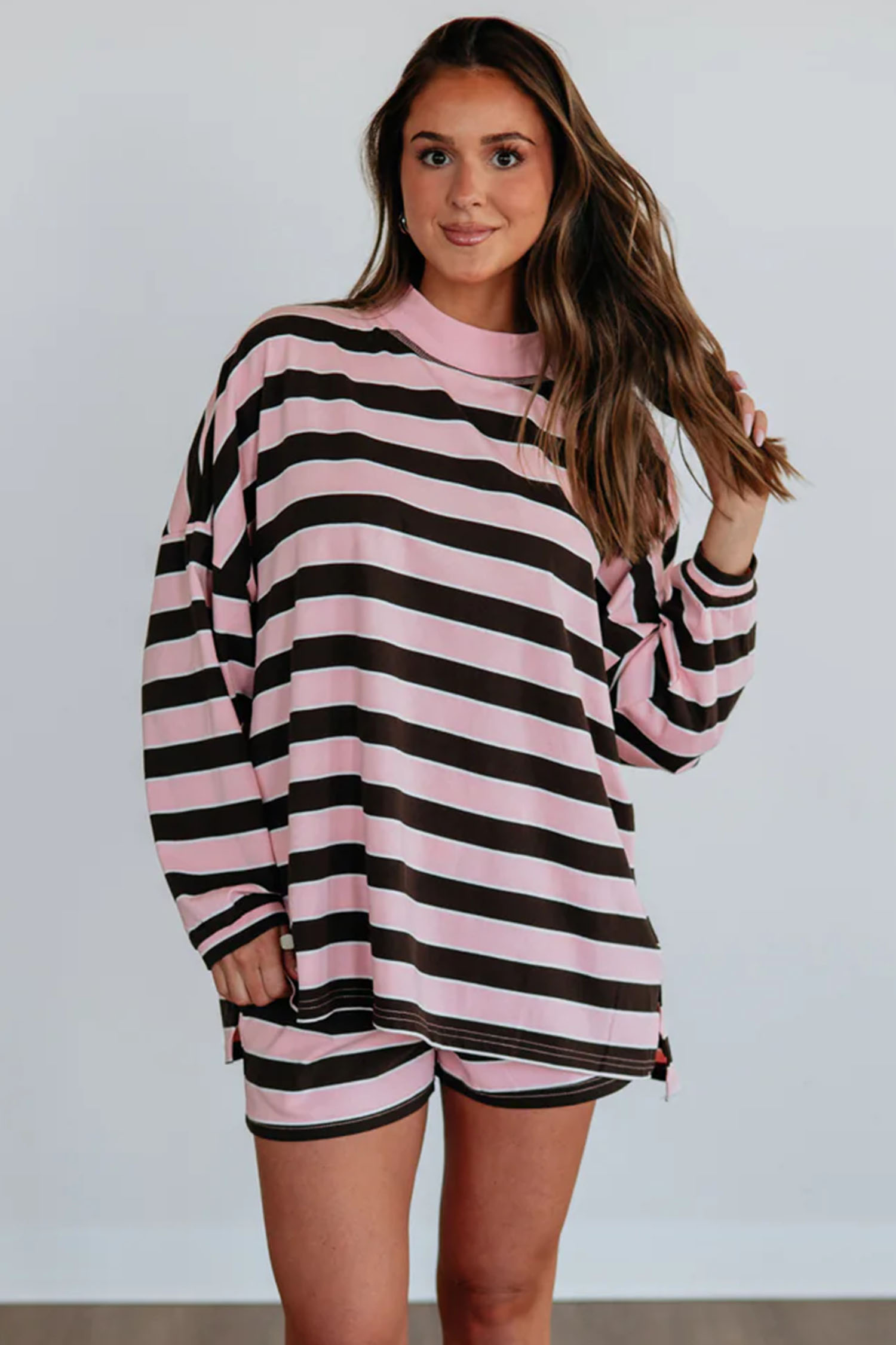 Women's Cotton Striped Set, Relaxed Long Sleeve Shorts - Detail View 3 Women's Cotton Striped Set, Relaxed Long Sleeve Shorts - Detail View 3