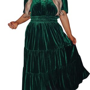 Women's Velvet Maxi Dress, Elegant Tiered V Neck Casual - Main View