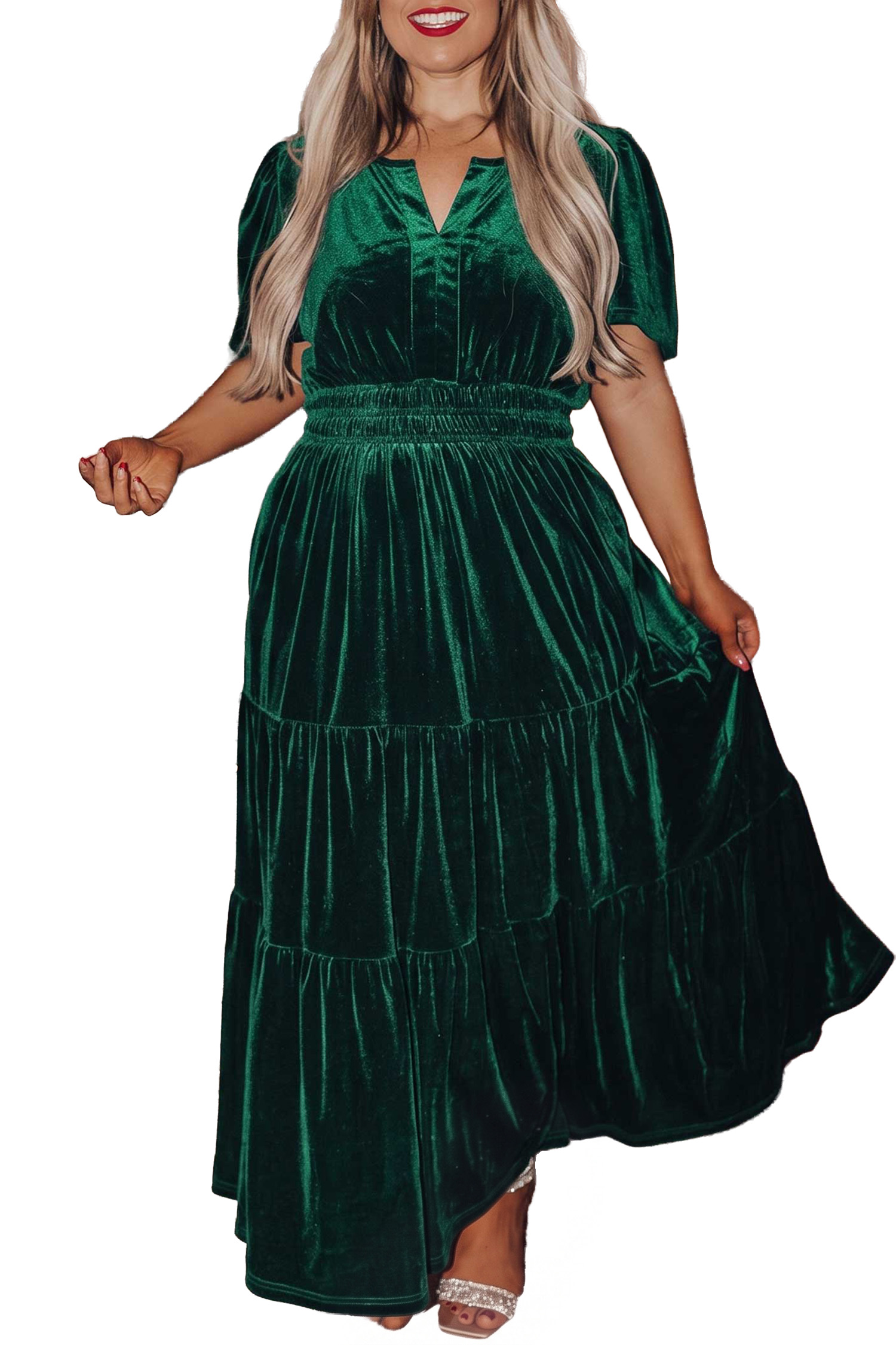 Women's Velvet Maxi Dress, Elegant Tiered V Neck Casual - Main View Women's Velvet Maxi Dress, Elegant Tiered V Neck Casual - Main View
