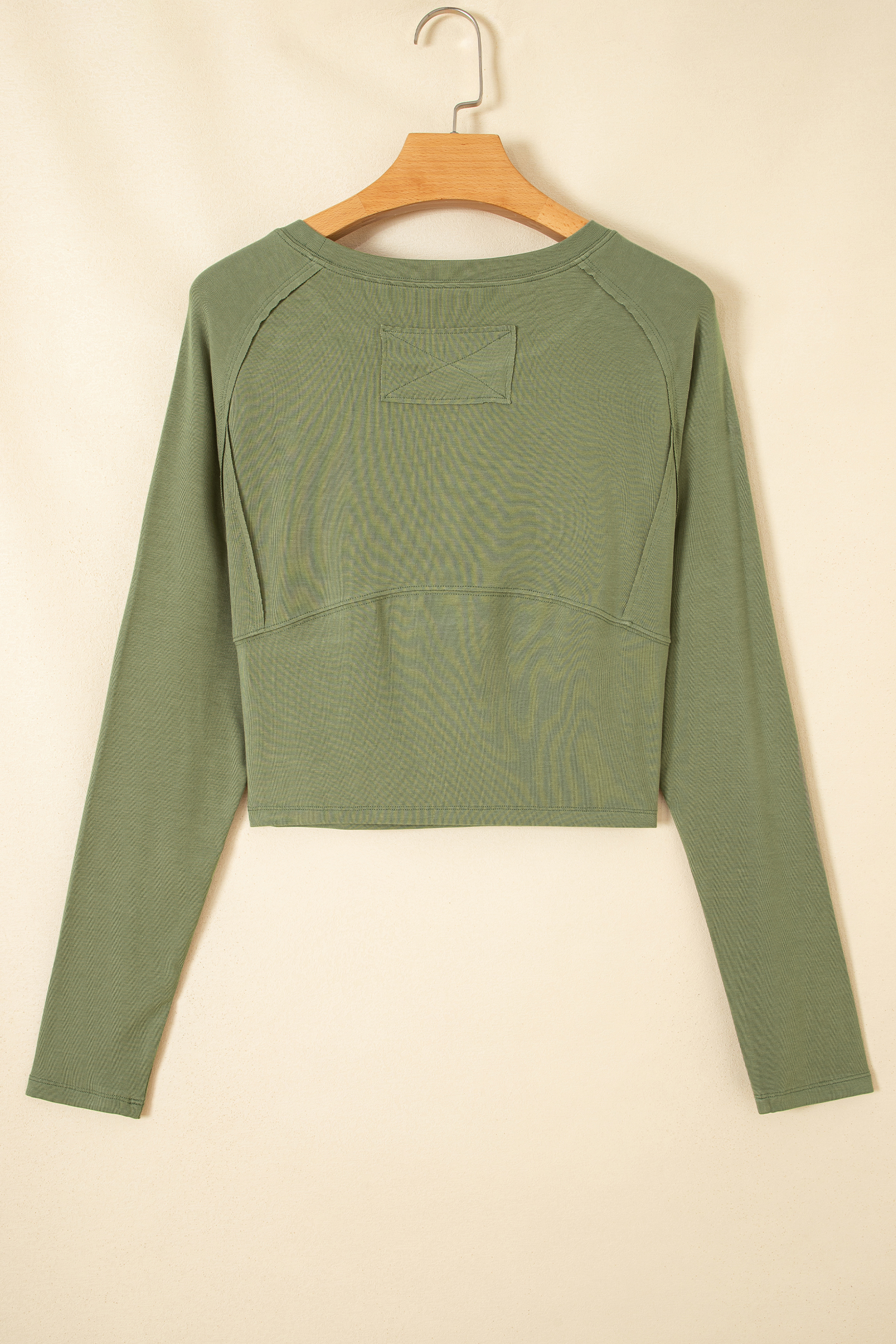 Women's Ribbed Paneling Tee, Green Long Sleeve Top - Detail View 5 Women's Ribbed Paneling Tee, Green Long Sleeve Top - Detail View 5