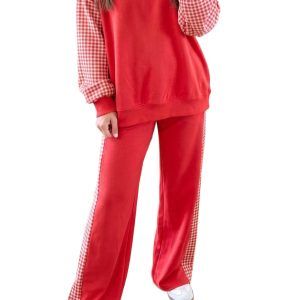 Women's Red Plaid Lounge Set, Casual Long Sleeve Wide Leg - Main View
