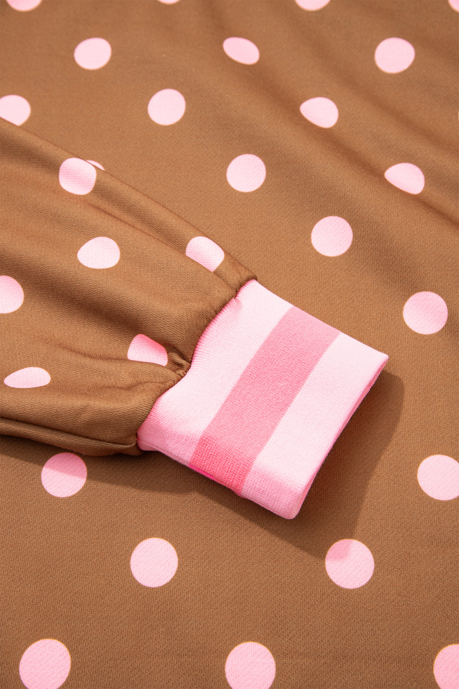 Women's Polka Dot Sweatshirt, Casual Brown Crewneck Top - Detail View 7 Women's Polka Dot Sweatshirt, Casual Brown Crewneck Top - Detail View 7