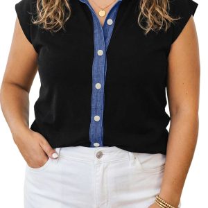 Women's Sleeveless V Neck Top, Casual Colorblock Vest - Main View