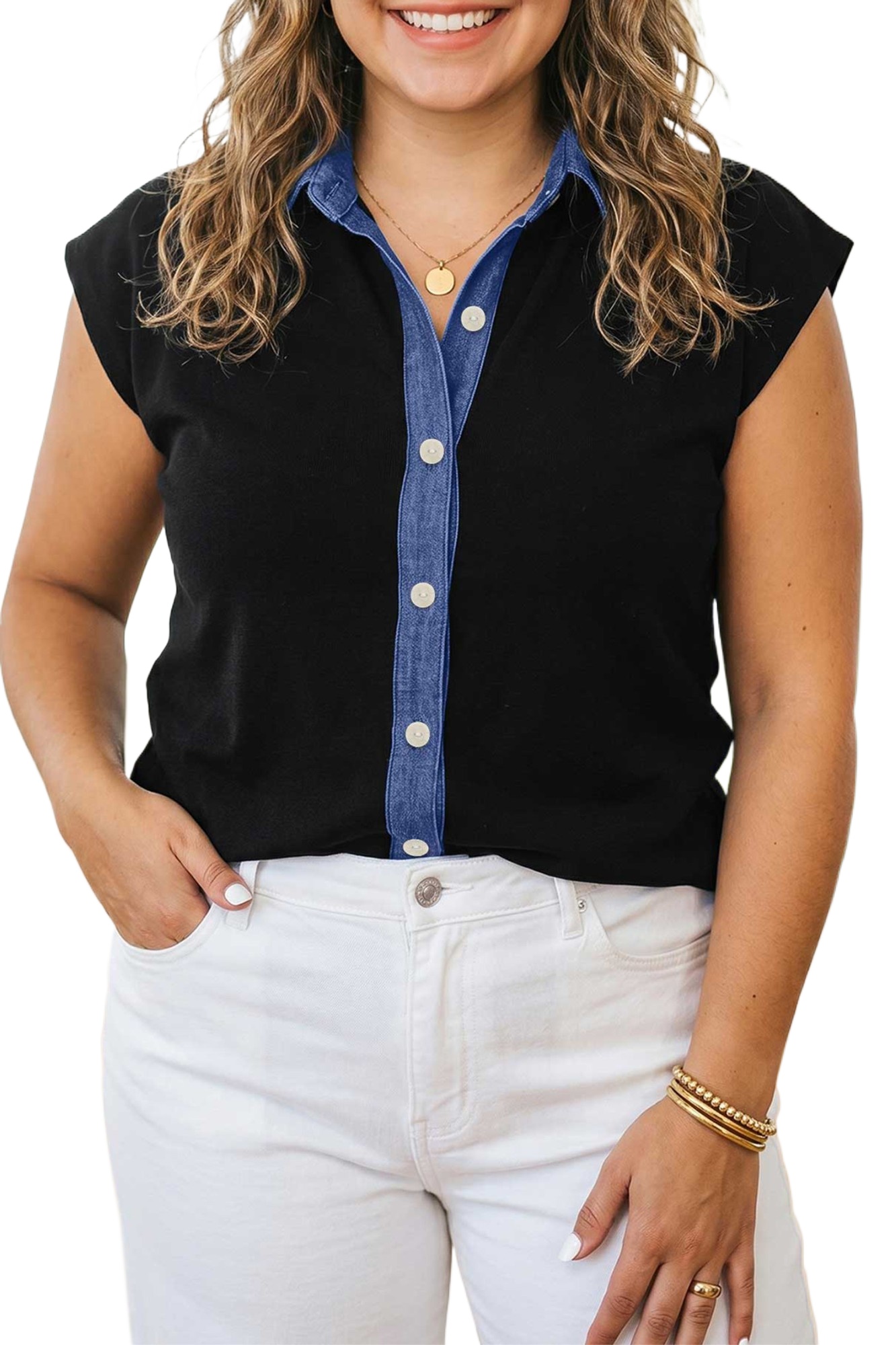 Women's Sleeveless V Neck Top, Casual Colorblock Vest - Main View Women's Sleeveless V Neck Top, Casual Colorblock Vest - Main View