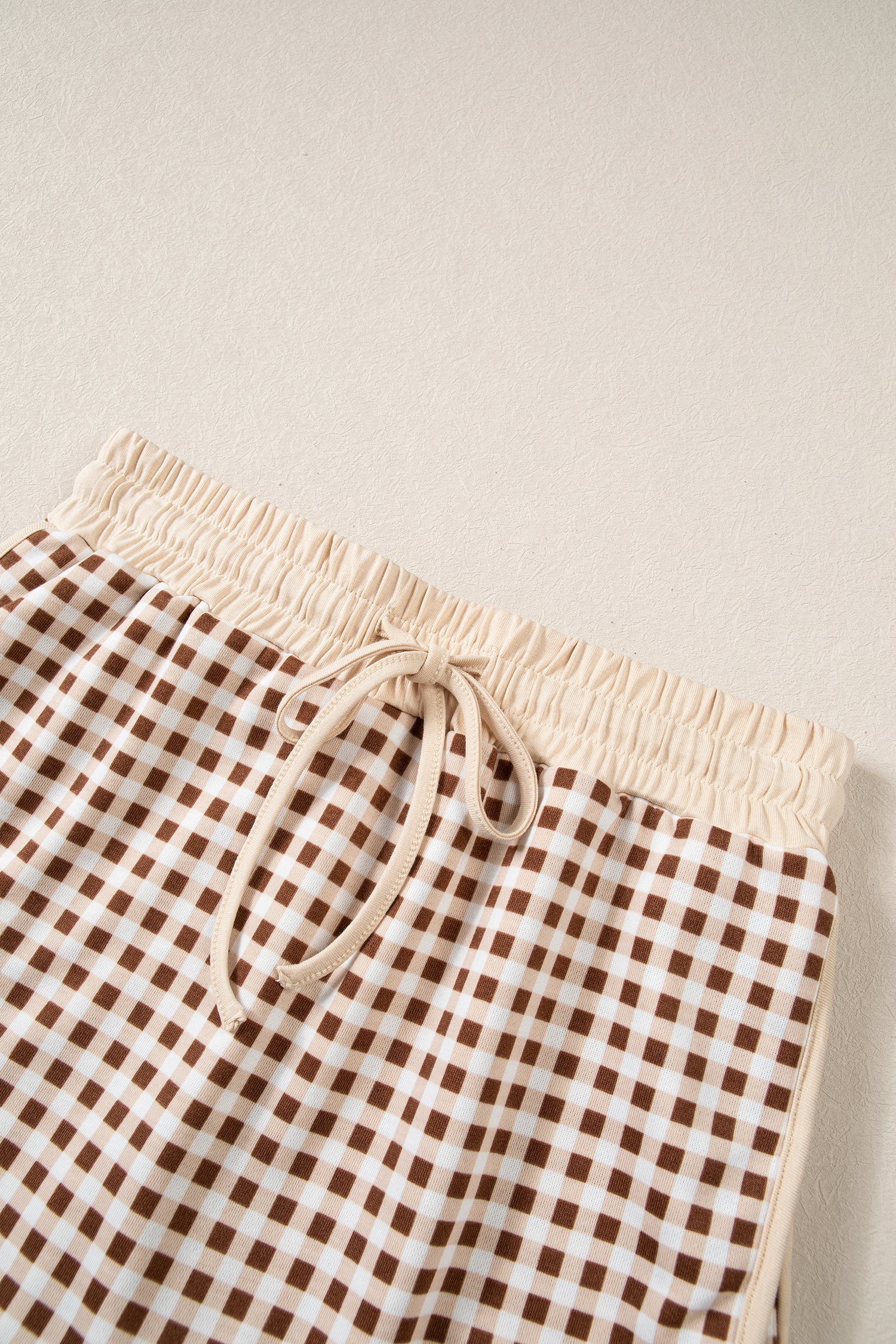 Women's Ribbed Trim Skort Set, Brown Plaid Autumn Loungewear - Detail View 12 Women's Ribbed Trim Skort Set, Brown Plaid Autumn Loungewear - Detail View 12
