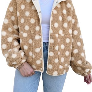 Women's Khaki Polka Dot Sherpa Jacket, Casual Winter Coat - Main View