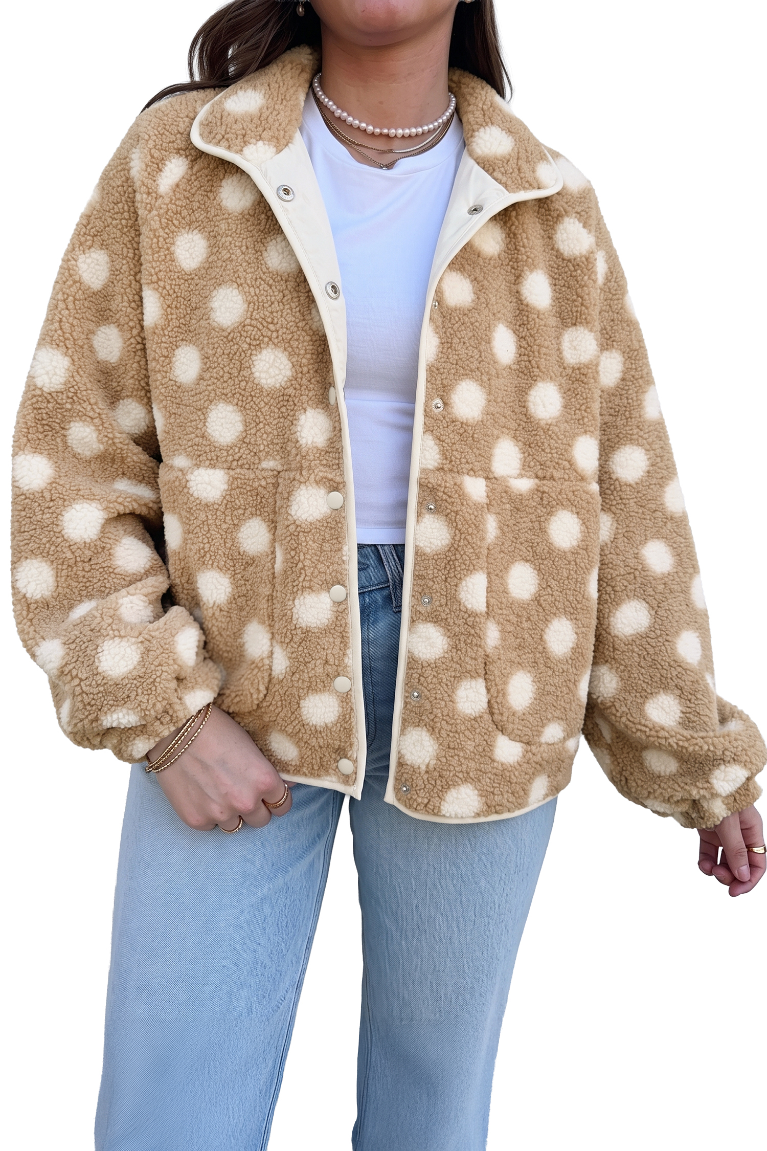 Women's Khaki Polka Dot Sherpa Jacket, Casual Winter Coat - Main View Women's Khaki Polka Dot Sherpa Jacket, Casual Winter Coat - Main View