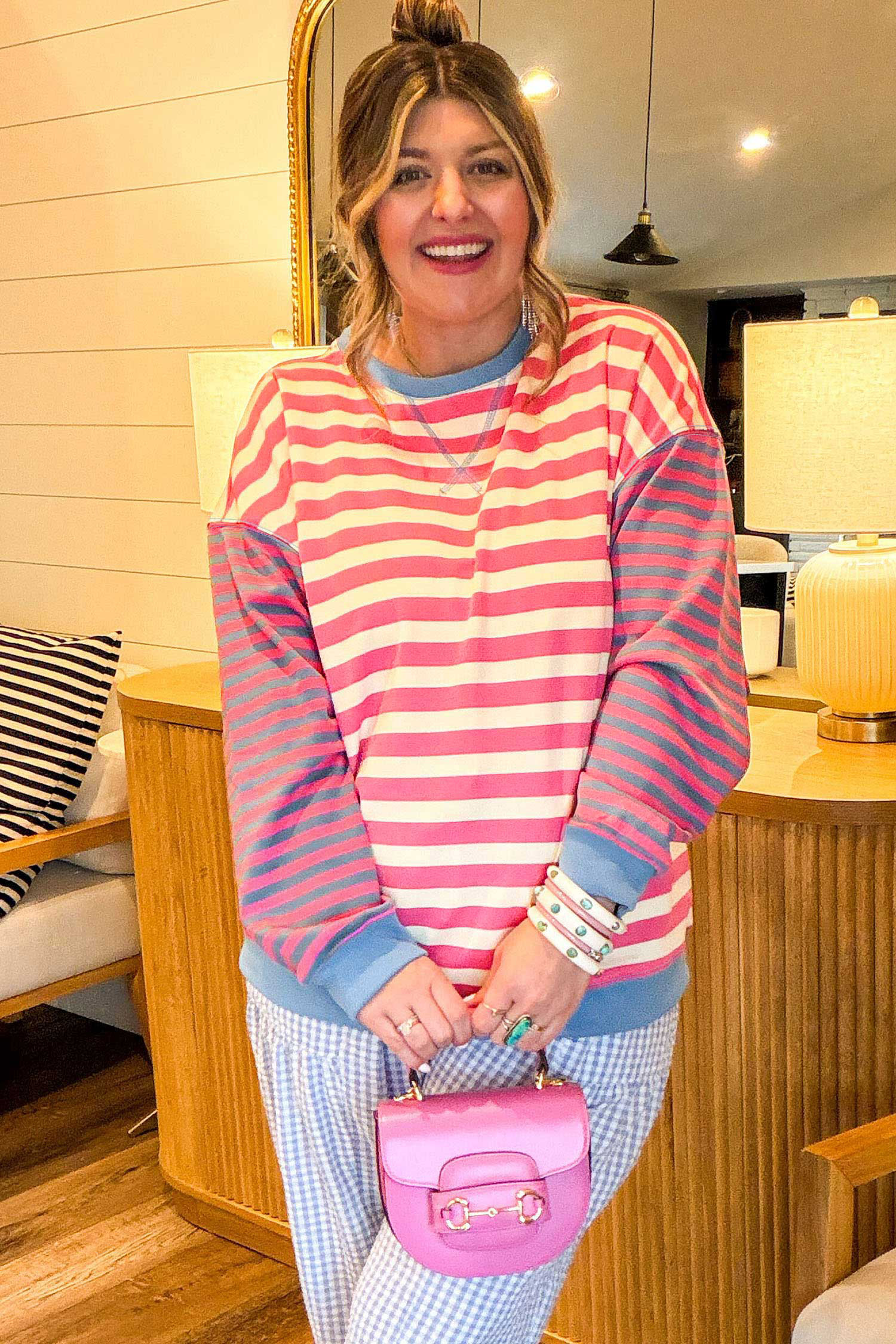 Cozy Striped Crewneck, Women's Stretch Fit Sweatshirt - Detail View 3 Cozy Striped Crewneck, Women's Stretch Fit Sweatshirt - Detail View 3