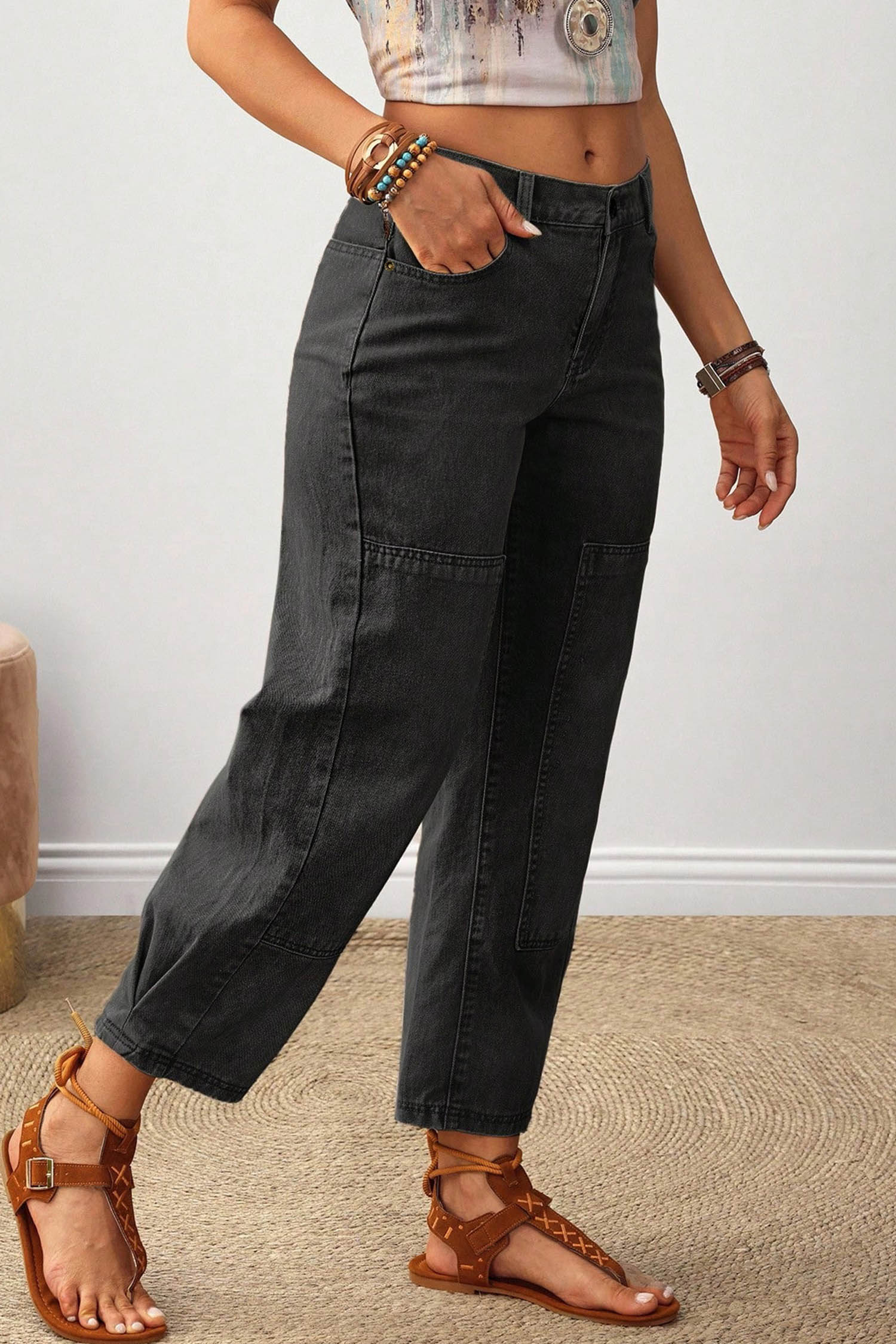 Women's Stretch Denim Jeans, Carbon Grey Barrel Pants - Detail View 3 Women's Stretch Denim Jeans, Carbon Grey Barrel Pants - Detail View 3