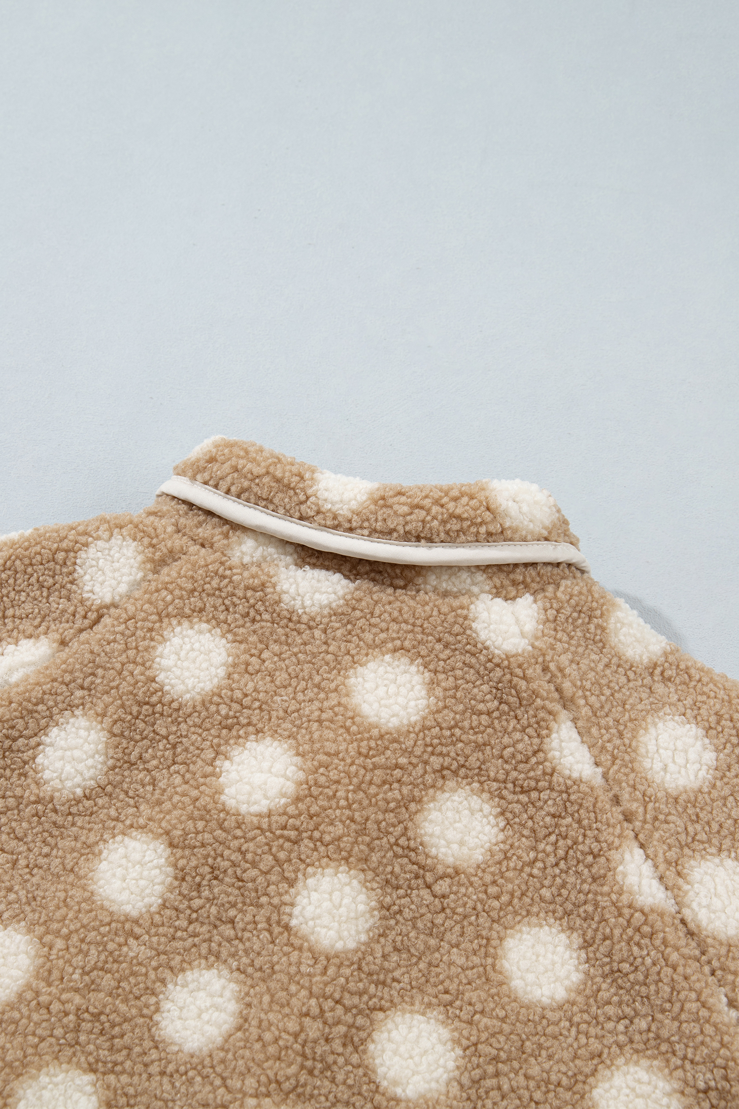 Women's Khaki Sherpa Button Jacket, Casual Polka Dot Coat - Detail View 9 Women's Khaki Sherpa Button Jacket, Casual Polka Dot Coat - Detail View 9