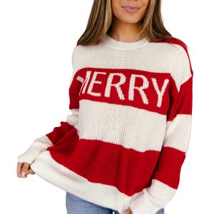 Festive Women's Merry Sweater, Striped Long Sleeve Knit - Main View