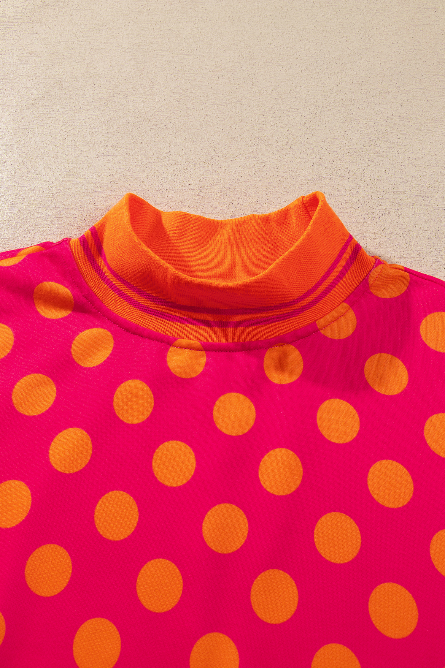 Women's Polka Dot Print Pullover, Striped Trim Sweatshirt - Detail View 5 Women's Polka Dot Print Pullover, Striped Trim Sweatshirt - Detail View 5