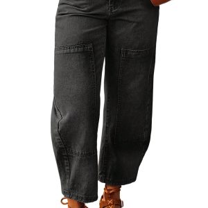 Women's Carbon Grey Barrel Jeans, Casual Seam Denim - Main View