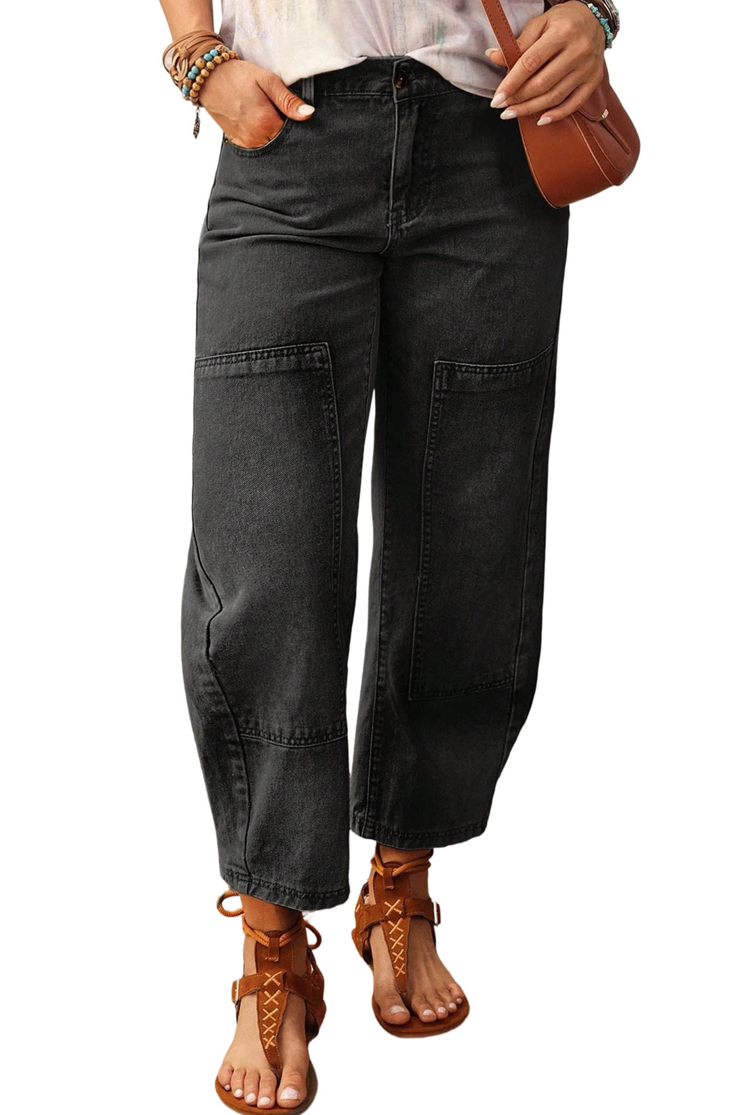 Women's Carbon Grey Barrel Jeans, Casual Seam Denim - Main View Women's Carbon Grey Barrel Jeans, Casual Seam Denim - Main View