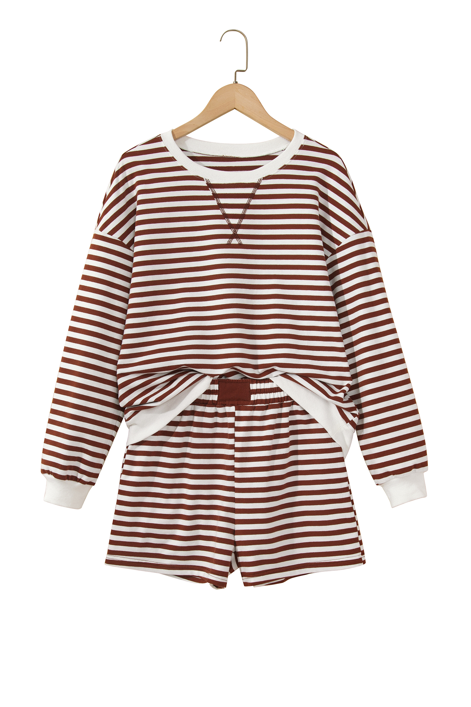 Women's Striped Lounge Set, Coffee Brown Two Piece Outfit - Detail View 2 Women's Striped Lounge Set, Coffee Brown Two Piece Outfit - Detail View 2